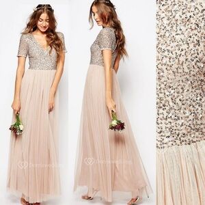 Maya Deluxe Sequin Tulle Evening Wedding Bridesmaid Prom Princess Sparkle Beige